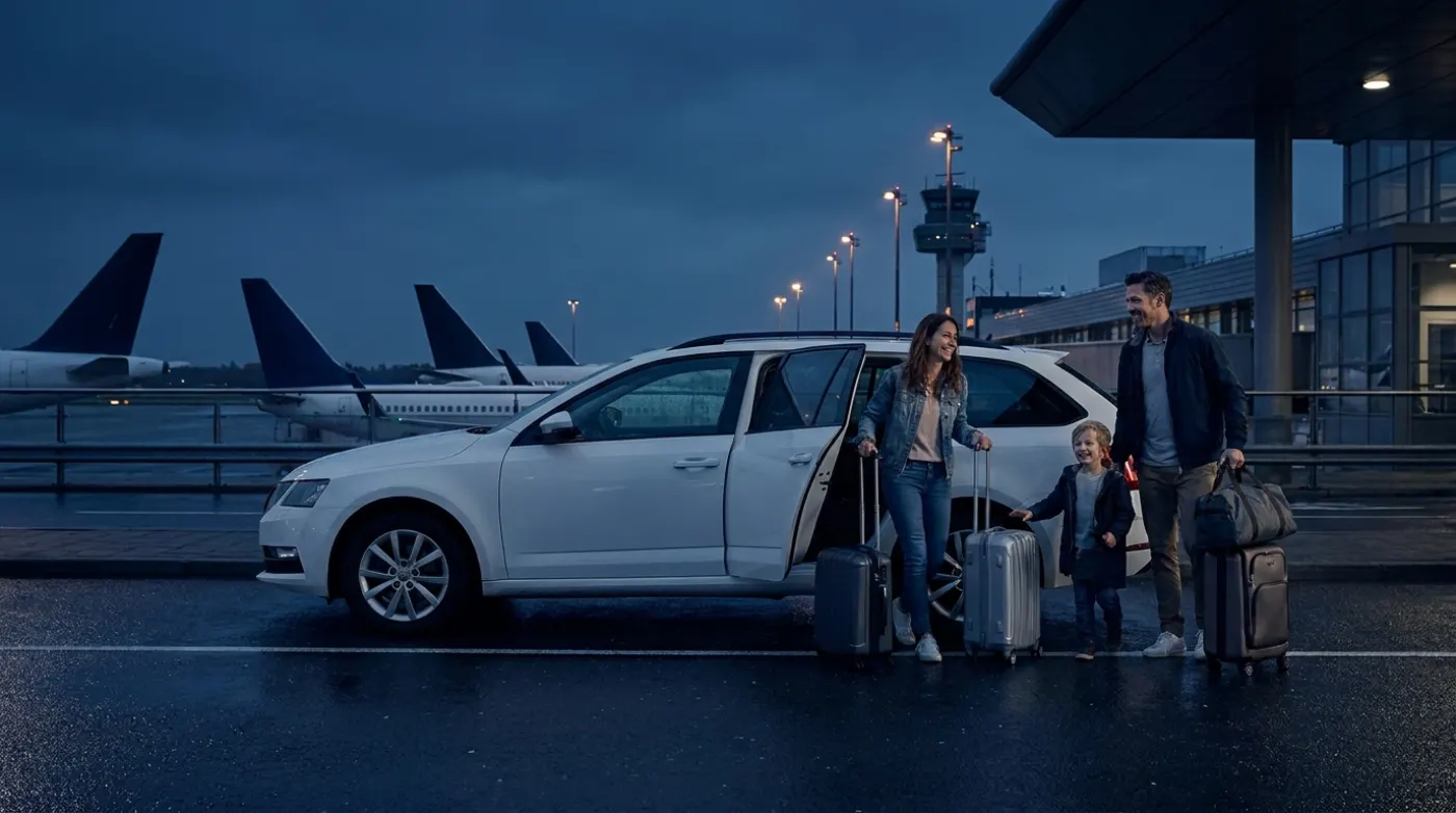 A Value Cars taxi at a London airport at dusk