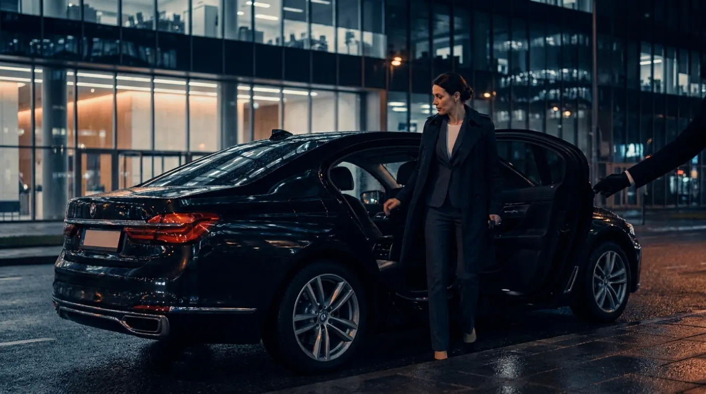 A businesswoman stepping into a Value Cars executive car