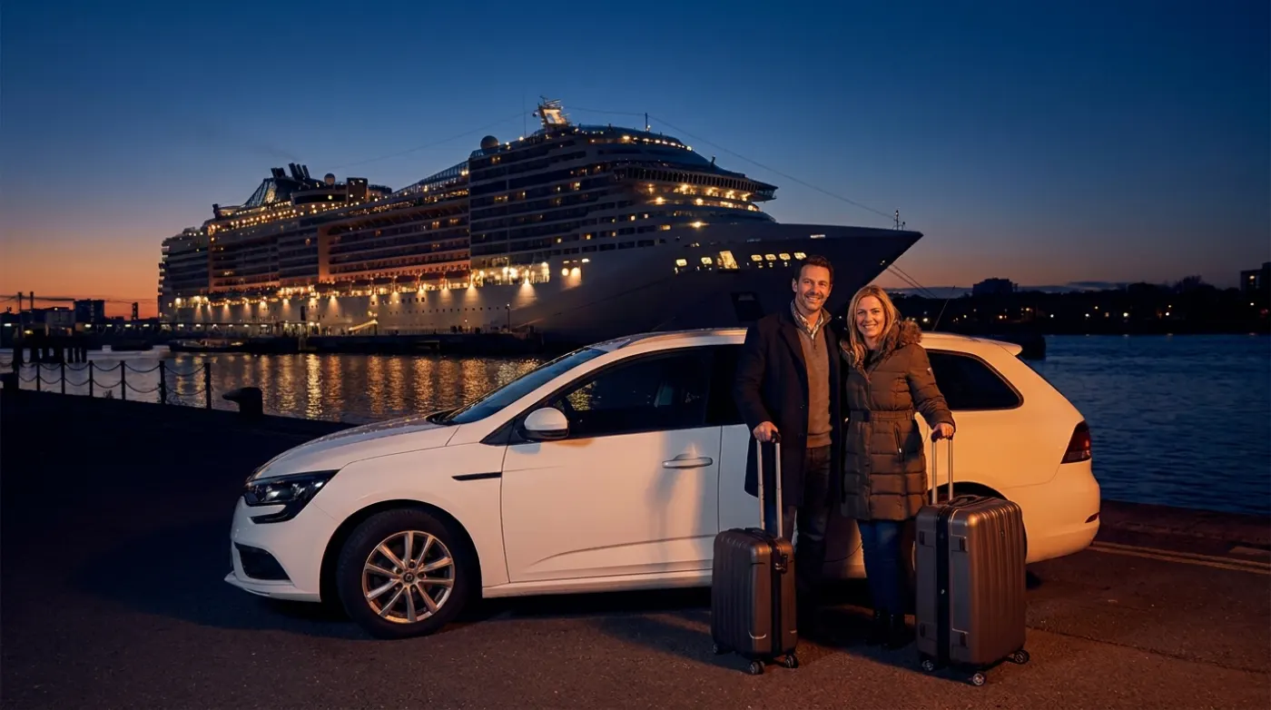 A couple with luggage beside a Value Cars car at a cruise port