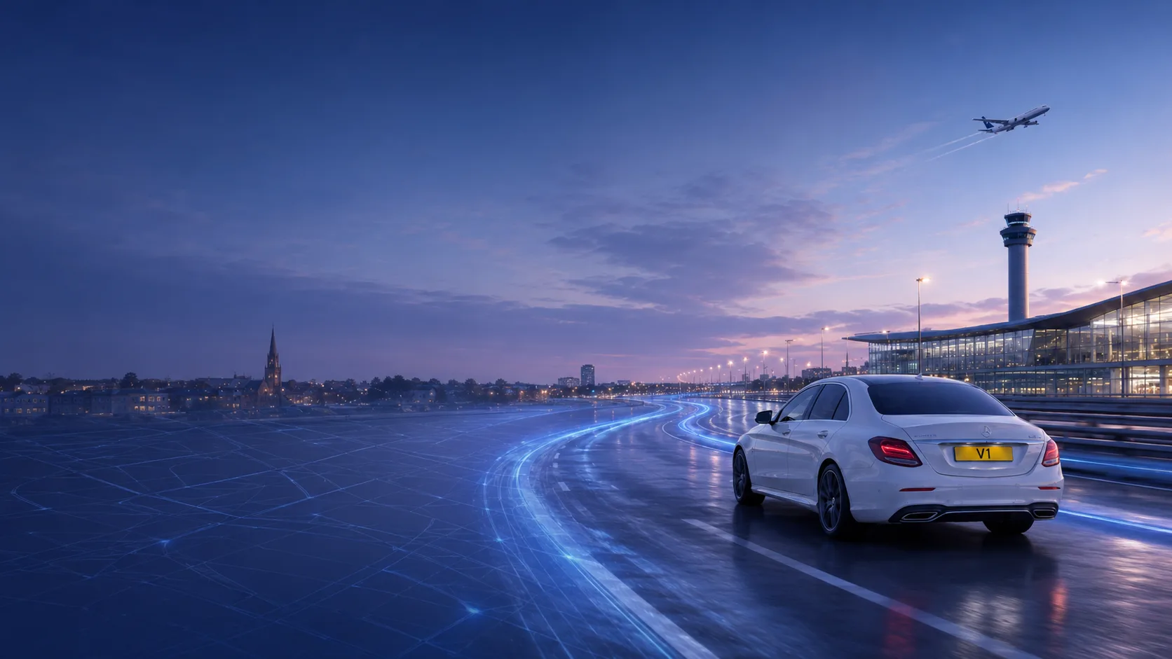A Value Cars saloon on the road at dusk near the airport, blue light trails tracing the route as a plane takes off