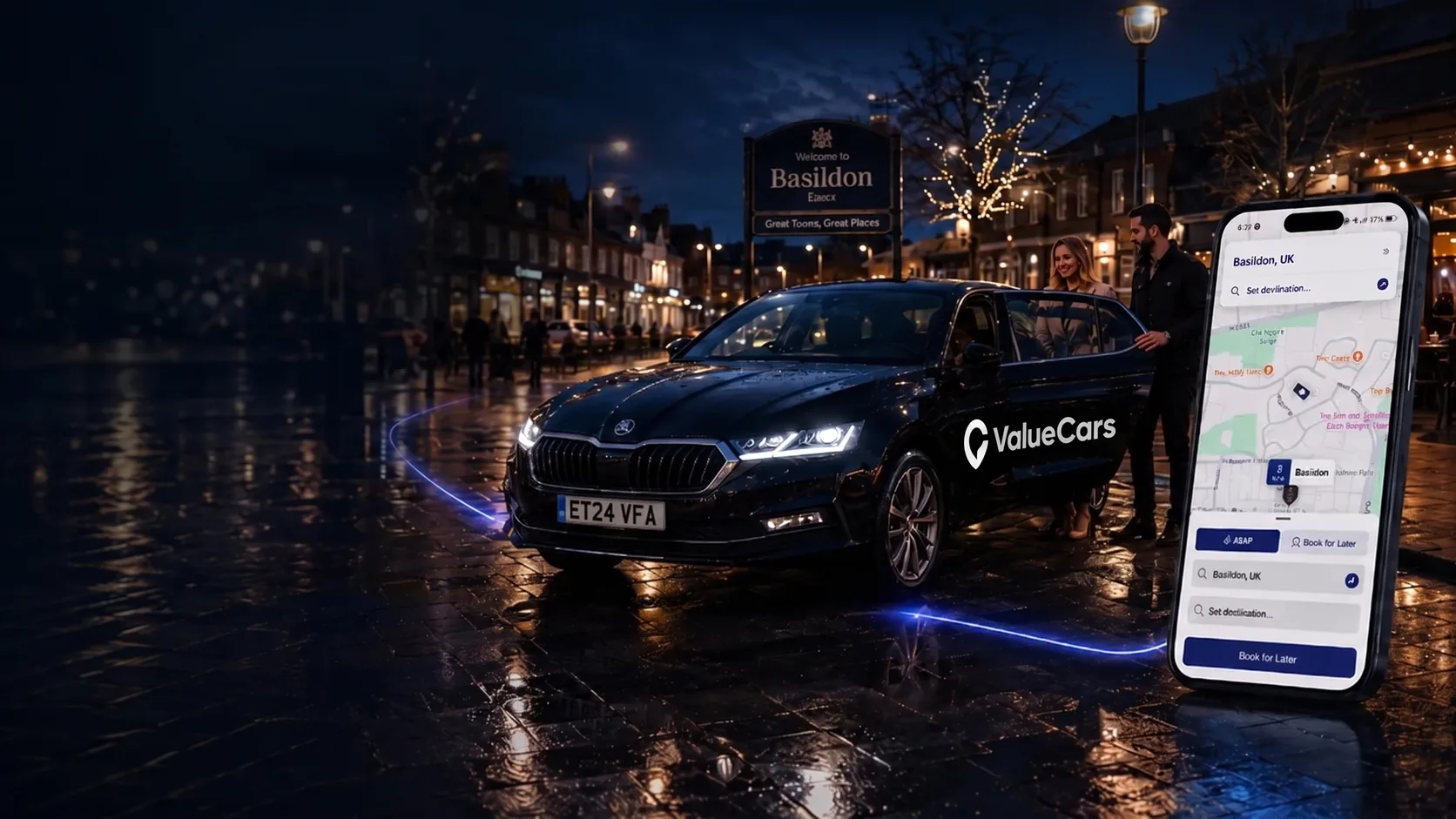 A Value Cars Octavia on a Basildon high street at night